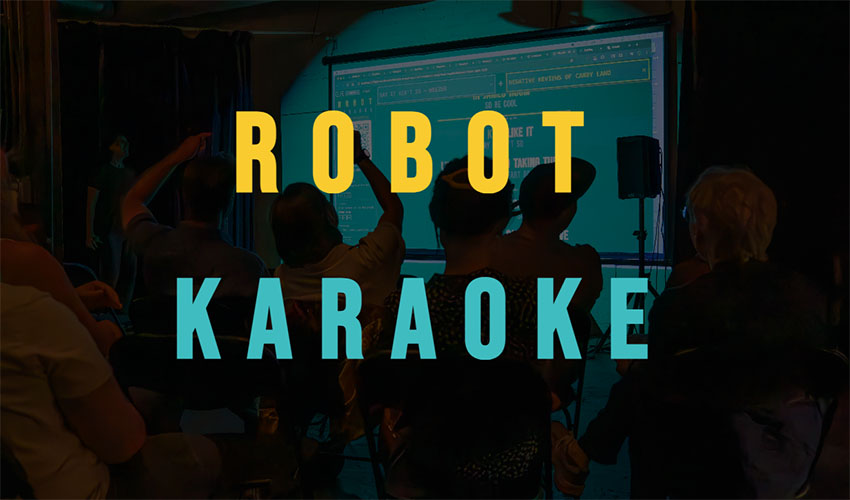 photo of a crowd in silhouette with the text Robot Karaoke overlaid
